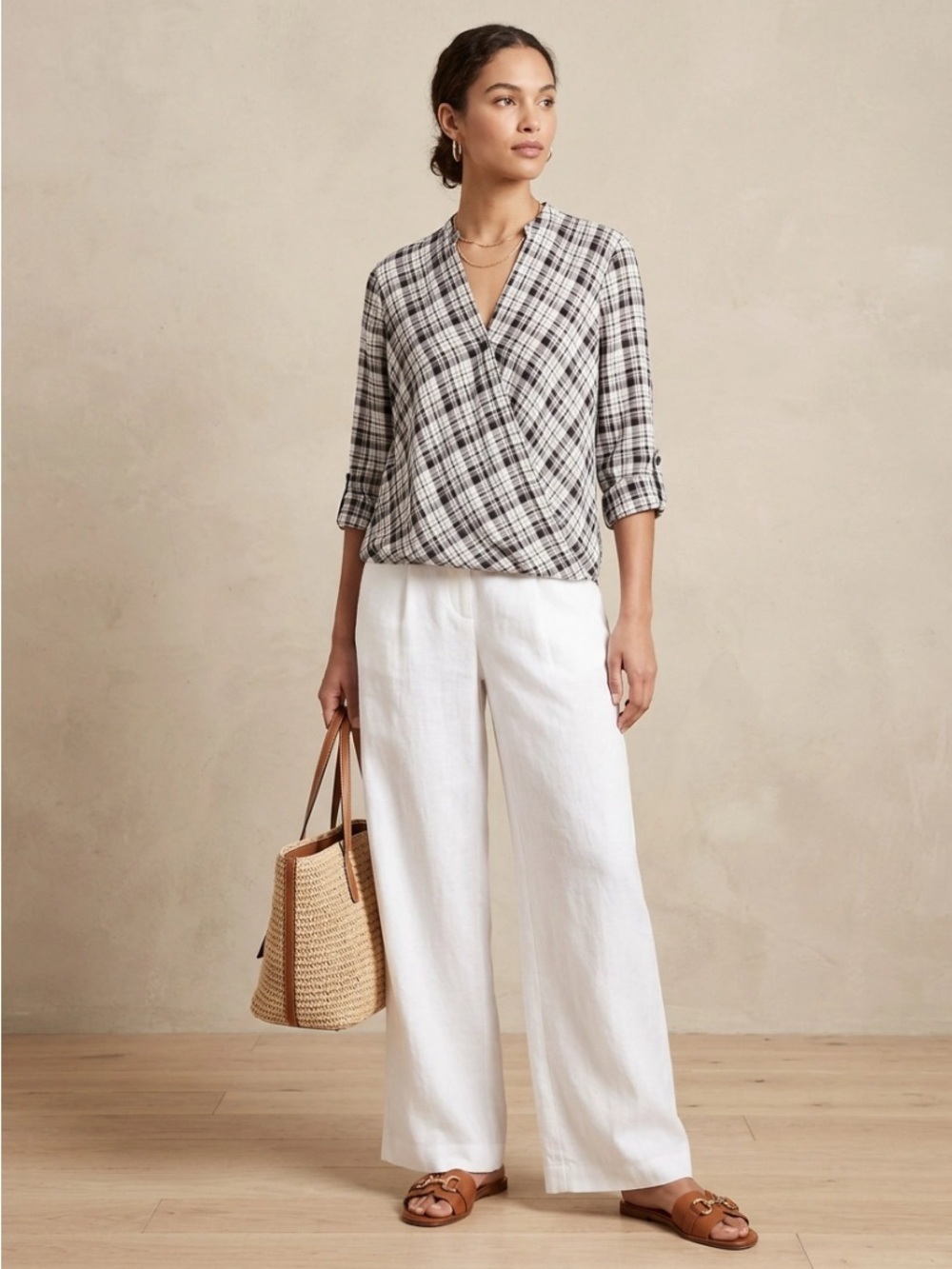C Faux Wrap Black White Plaid blouse  classic Resortwear coastal Cowgirl western - Picture 4 of 10